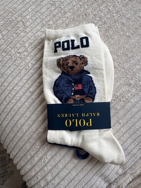 NWT Polo by Ralph Lauren Cream Crew Socks with Bear Patch and Navy Accents